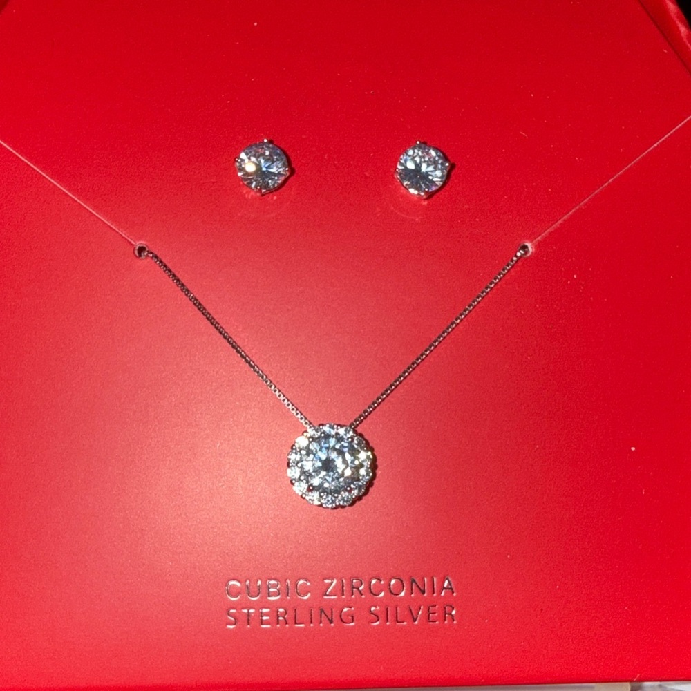 Cubic Zirconia Sterling Silver Necklace and Earring Set